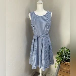 Pappagallo Fit & Flare Blue and White Striped Nautical Dress with Sash